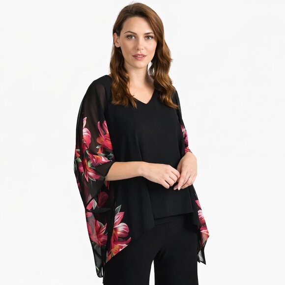 Joseph Ribkoff Tops - JOSEPH RIBKOFF Floral Chiffon Overlay Blouse Top Flowy Sheer Evening Women's 10